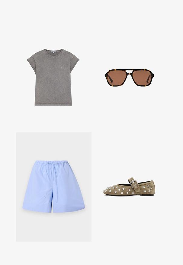 Grå bomulds T-shirt med rund hals, opslåede korte ærmer og et subtilt broderet logo på brystet. Blød tekstur og afslappet pasform.; Lyseblå bomuldsshorts med et stribet mønster, elastisk talje og justerbar snøre. Har en afslappet pasform og en glat tekstur.; Suedestøvle i taupe med metalliske nitter hen over tåen og læderrem med en sølvspænde. Rund tå og flad sål.; Brune-tonede rektangulære solbriller med skildpadde-mønstret stel og design med dobbelt bro på en hvid baggrund.; Hvid syntetisk håndtaske med en trekantet form, flad forsideklap og sløjfedetalje, justerbar strop, glat tekstur og minimalistisk design.