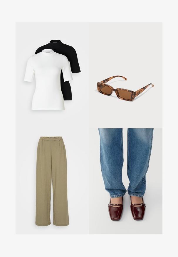 Dvi trumpomis rankovėmis turtlenekų palaidinės: viena balta, kita juoda. Abi pagamintos iš glotnaus, elastingo audinio, su prigludusiais siluetais ir apvaliais iškirpimais.; Alieji žalios spalvos plačiakojai kelnes, pagamintos iš tekstūruoto audinio, su aukšta juosmens linija ir raukiniu priekyje. Paprastas ir atsipalaidavęs dizainas.; Bordo lakinės odos bateliai su kvadratiniu pirštu ir kulkšnies dirželiu, derinami su šviesiai mėlynomis laisvo kirpimo džinsais. Bateliai turi blizgų paviršių.; Vėžlio kiauto saulės akiniai su stačiakampiais rudi objektyvais, storu rėmu ir siaurais rankenėlėmis, dekoruotomis skirtingų atspalvių ruda spalva.; Sidabriniai auskarai žiedai, turintys lygaus, blizgaus paviršiaus. Du poros, su šiek tiek skirtingais dydžiais. Paprastas, apvalus dizainas, lengvi.