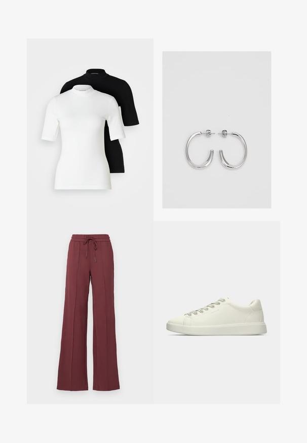 Zwei kurzärmlige Rollkragenoberteile: eines in Weiß und eines in Schwarz. Beide aus glattem, dehnbarem Stoff mit figurbetonten Silhouetten und Rundhalsausschnitten.; Bordeauxrote, legere Hose mit Kordelzugbund, weitem Bein und vertikalen Nahtdetails. Hergestellt aus weichem, leichtem Stoff.; Weiße niedrige Leder-Sneaker mit Schnürverschluss und flacher Gummisohle, seitlich auf einem schlichten Hintergrund dargestellt.; Silberne Creolen mit einer glatten, glänzenden Oberfläche. Abgerundete Form, leichtes Design, mit einer Steckverschluss.