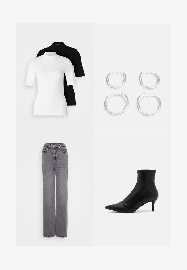 Dve krátké rukávy s rolákem: jedna bílá a jedna černá. Obě vyrobené z hladkého, elastického materiálu s přiléhavým střihem a kulatým výstřihem.; Šedé džíny s vysokým pasem, rovného střihu, zapínání na knoflík a zip, pět kapes a texturovaný denimový povrch.; Černé kotníkové boty z hladké kůže s špičatou špičkou a krátkým tenkým podpatkem. Mají bezproblémový design a jemné zdobení švy.; Stříbrné kruhové náušnice s hladkým, lesklým povrchem. Dvě velikosti, které se mírně liší. Jednoduchý, kulatý design, lehké.