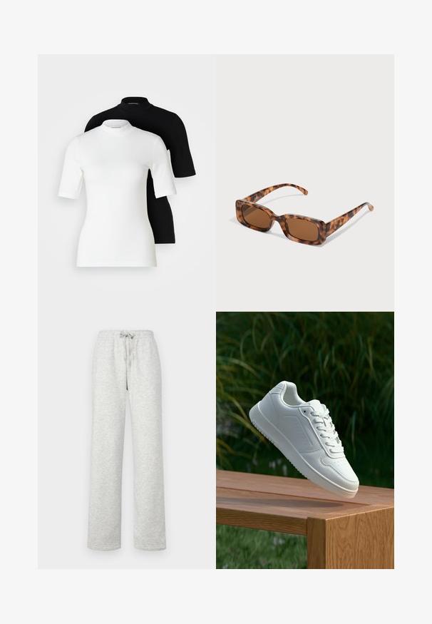 Divi īsām piedurknēm topi ar augsto apkakli: viens balts un viens melns. Abi izgatavoti no gludas, elastīgas auduma ar pieguļošu siluetu un apaļām kakla izgriezumiem.; Gina Tricot Tall BASIC STRAIGHT - Treniņtērpa apakšdaļas - grey; Baltie sporta apavi ar gludu sintētisku augšpusi, perforētu pirkstu daļu, plakani šņorēm un rakstainu zoli, novietoti uz koka virsmas.; Tortoiseshell saulesbrilles ar taisnstūrveida brūniem stikliem, biezs rāmis un plānas kājas ar dažādu brūnu toņu rakstu.
