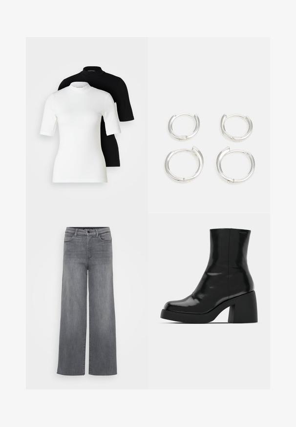 Dve majice s kratkimi rokavi in turtleneck ovratnikom: ena bela in ena črna. Obe sta narejeni iz gladkega, raztegljivega materiala s prilegajočimi silhuetami in okroglim izrezom.; Široke kavbojke iz bledega sivega denima. Imajo pet žepov, gumbasto zaponko in zanke za pas. Material je gladke teksture z minimalnim bledenjem.; Črne gležnjarje z sijajno površino, kvadratnim nosom in debelim blokskim peto. Oblikovanje izstopa s brezšivno silhueto in minimalnim logotipiranjem.; Srebrne obročaste uhane z gladko, polirano površino. Dva para z rahlo različnimi velikostmi. Preprost, krožen oblikovanje, lahki.