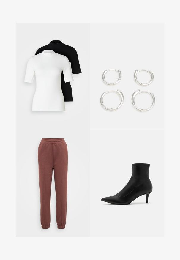 Kaksi lyhythihaista poolopaitaa: yksi valkoinen ja yksi musta. Molemmat on valmistettu sileästä, joustavasta kankaasta, jossa on lähellä vartaloa olevat siluetit ja pyöreät kaulat.; Ruske jogger-housut med elastisk midjebånd, ribbestrikkede mansjetter, glatt tekstur og fremre sømdetaljer. Egner seg for hverdagsbruk.; Musta nilkkurit, jotka on valmistettu sileästä nahasta, joissa on terävä kärki ja lyhyt, ohut korko. Niissä on saumaton muotoilu ja hienovaraiset tikkauskoristeet.; Hope hopea, joissa on sileä ja kiillotettu pinta. Kaksi paria, joissa on hieman eri koko. Yksinkertainen, pyöreä muotoilu, kevyt.