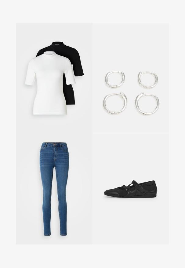 Kaks lühikese varrukaga kaeluspluus: üks valge ja teine must. Mõlemad on valmistatud siledast, venivast kangast ning neil on sobituvad siluetid ja ümarad kaelused.; Kitsad teksad keskmises sinises denimis, kõrge vöökohaga, ees olevate taskutega ja peente kulutustega. Õmblused kontrastses kuldsetes toonides.; Mustad mustad kingad pehme ja tekstuurse pealmise osaga, millel on kaks reguleeritavat rihma ja ümmargune toe disain, paigaldatud tasasele kummist tallale.; Hõbedased hõbesõrmed, millel on sile, poleeritud viimistlus. Kaks paari, millel on veidi erinev suurus. Lihtne, ringikujuline disain, kerge.