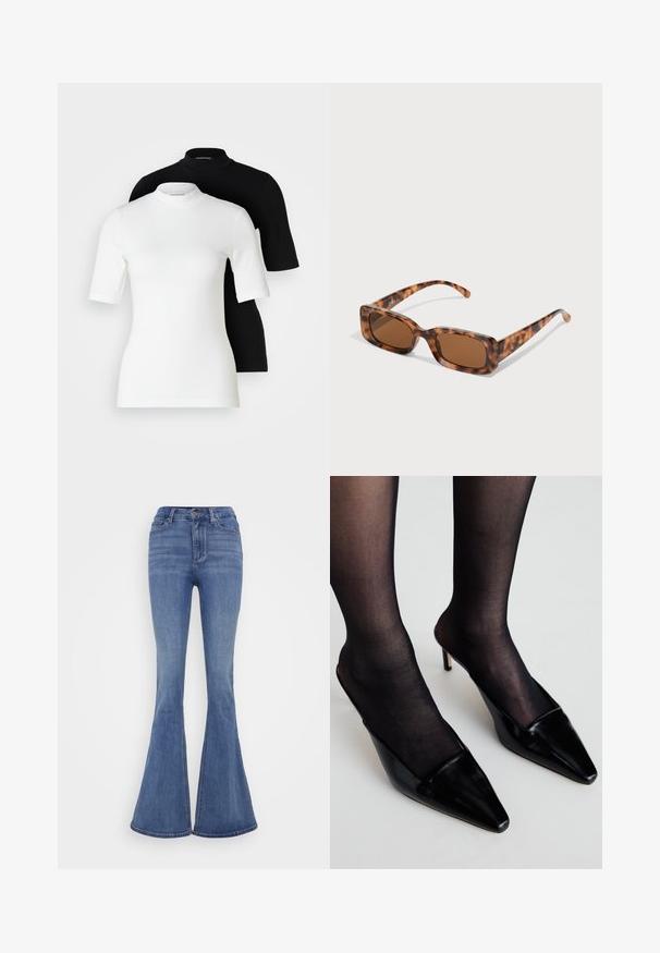 Two short-sleeve turtleneck tops: one white and one black. Both made of smooth, stretchy fabric with fitted silhouettes and crew necks.; Light blue flared jeans with a high waist, made of denim. Features a front button closure and a smooth texture.; Black patent leather mules with a pointed toe and a low-cut design. Features a thin heel and paired with black sheer stockings.; Tortoiseshell sunglasses with rectangular brown lenses, a thick frame, and slim arms featuring a pattern of varying shades of brown.