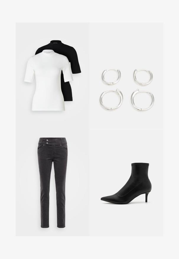 Divi īsām piedurknēm topi ar augsto apkakli: viens balts un viens melns. Abi izgatavoti no gludas, elastīgas auduma ar pieguļošu siluetu un apaļām kakla izgriezumiem.; Melna korduroja šaurā fit stila bikses ar gludu tekstūru, ietverot dubultā poga jostu un priekšējās kabatas. Klasisks dizains daudzpusīgai valkāšanai.; Melnas potītes zābaki, kas izgatavoti no gludas ādas ar norādītu pirkstu un īsu, plānu papēdi. Iezīmējas bez šuvju dizains un smalkas šuvju akcenti.; Sudraba riņķveida auskari, ar gludu, pulētu virsmu. Divi pāri ar nedaudz atšķirīgu izmēru. Vienkāršs, apaļš dizains, viegli.