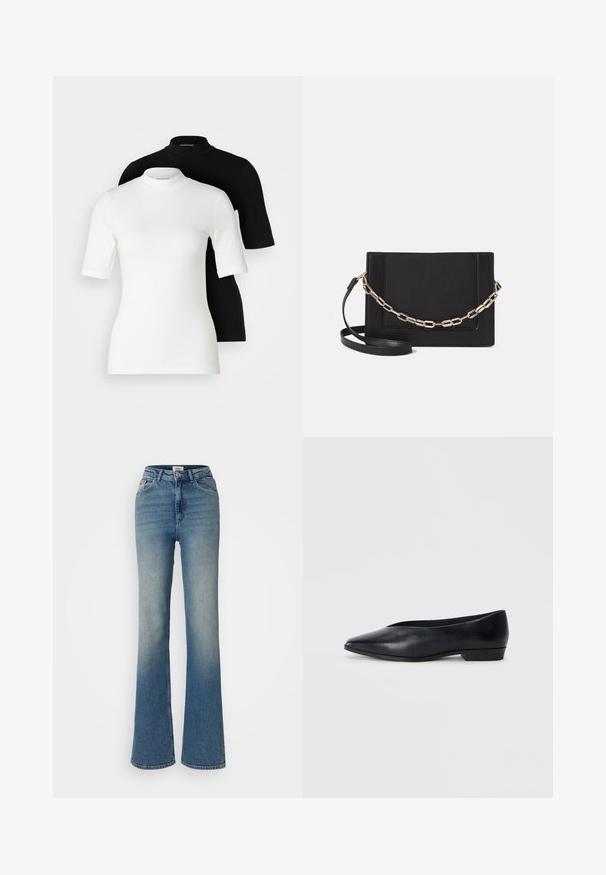 Kaks lühikese varrukaga kaeluspluus: üks valge ja teine must. Mõlemad on valmistatud siledast, venivast kangast ning neil on sobituvad siluetid ja ümarad kaelused.; Heledatud teksad helesinises denimis, kõrge taljega ja viie taskuga. Kangas on sileda tekstuuriga ning sellel on kahvatu pesuefekt ülaosast alumisse ossa.; Must musta korter king, millel on terav nina, veidi tõstetud konts ja sile pind. Lihtne disain, kus pole nähtavaid detaile ega mustreid.; Mustast nahast õlakott, mis omab siledat tekstuuri, ristküliku kuju ning esiküljel metallketi detaili. Reguleeritav rihm on kaasas.; Hõbedane kahekordne rõngas sujuva, poleeritud pinnaga. Omab voolavat, kõverat disaini, millel on kattuvad sektsioonid, et saavutada kaasaegne ilme.