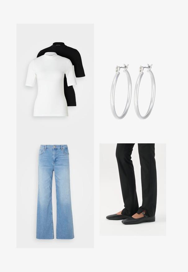 Divi īsām piedurknēm topi ar augsto apkakli: viens balts un viens melns. Abi izgatavoti no gludas, elastīgas auduma ar pieguļošu siluetu un apaļām kakla izgriezumiem.; Gaišzilas platās kājas džinsi no denima auduma ar priekšējo pogu aizdari, piecu kabatu dizainu un smalku izbalējumu, kas piešķir papildu faktūru.; Melni ādas baleta zābaki ar smailo purngalu, siksniņa ar sudraba sprādzi, kombinēti ar melniem tailētiem biksēm ar šķēluma apakšdaļu.; Sudraba riņķveida auss gredzeni ar gludu, pulētu apdari. Apaļa forma un drošs klikšķa augšējais slēgums. Viegls dizains, kas piemērots ikdienas valkāšanai.