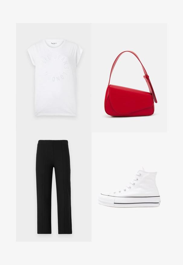 Witte katoenen T-shirt met een ronde halslijn en korte mouwen. Heeft een cirkelvormig tekstontwerp in kleine stippen met de tekst "Pepe Jeans London."; Zwarte broek met een recht model. Heeft een gladde textuur, geen zichtbare sluitingen en voorste naden voor extra structuur.; Witte high-top canvas sneakers met een zwarte rubberen zool, een rubberen neuskap aan de voorkant en zes gaatjes voor veters, met een schone, minimalistische uitstraling.; Rode leren handtas met een hoekig, geometrisch ontwerp. Beschikt over een enkele verstelbare schouderriem en een klepclosure met gestikte details.