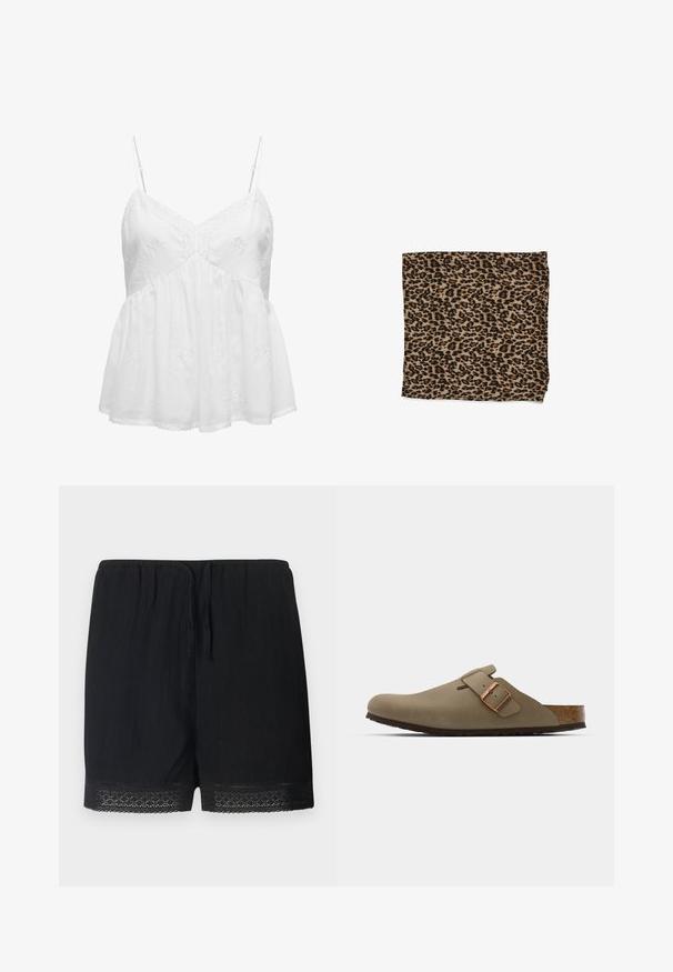 Bjela pamučna spavaćica s podesivim trakama, koja ima uzorak cvjetne vezenine preko tijela i rašireni rub.; Crne kratke hlače od teksturiranog materijala s elastičnom elastikom i vezicom, sa delikatnom čipkastom oblogom na rubu.; Smeđi drvenjaci s glatkom, mat površinom. Imaju istaknut brončani kopču s jedne strane. Korkana unutrašnjost i gumeni potplat za udobnost.; Tkanina s leopard uzorkom u bež boji s crnim točkama, glatke teksture, pravokutnog oblika i presavijena s dovršenim rubovima.; Zlatna torba na šnalu sa šljokicama i kružnom drškom, koja sadrži sjajne okrugle šljokice i teksturiranu tkaninu. Dimenzije nisu navedene.