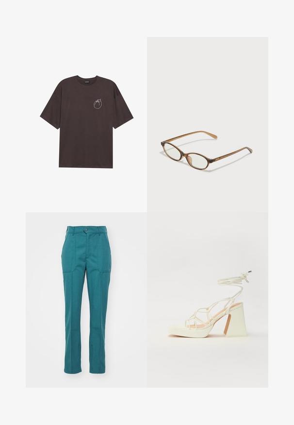 Σκούρο καφέ βαμβακερό T-shirt, κοντά μανίκια, κανονική λαιμόκοψη, που διαθέτει μια απλή λευκή γραμμή που απεικονίζει μια τσάντα στην αριστερή περιοχή του στήθους.; Τελοί παντελόνι από ένα λείο, υφασματισμένο υλικό. Διαθέτει κλείσιμο με κουμπί, δύο μπροστινές τσέπες και ίσια γραμμή.; Λευκό πέδιλο με ψηλό τακούνι και χοντρή φτέρνα, διαθέτει σχέδιο με λουριά και λουράκι στον αστράγαλο. Λείο υλικό με μπροστινό πλατφόρμα για επιπλέον ύψος.; Καφέ τετράγωνα γυαλιά με οβάλ φακούς, λεπτούς βραχίονες και διαφανή στοιχεία. Διαθέτουν έναν διακριτικό λογότυπο στο μπράτσο. Κομψός, ελαφρύς σχεδιασμός.