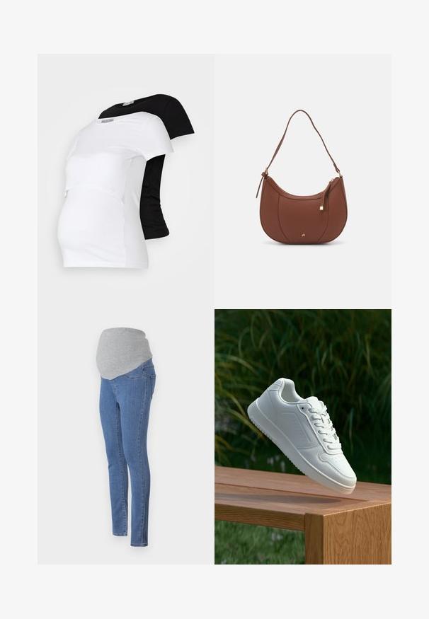 Mustvalge rasedust-särgid, lühikesed varrukad, pehme puuvillane materjal, millel on kihiline disain ja kogunenud osa kasvava kõhu jaoks.; Rasedused emmede teksad, millel on ülikitsas disain, sinine denimkangas ja pehme hall jersey vöökoht mugavuseks. Omab tagataskuid ja slim fit stiili.; Valged sneakerd, millel on sile sünteetiline ülemine osa, väikeste aukudega varvaskast, lamedad paelad ja tekstuuriga tald, eksponeeritud puidust pinnal.; Pruun faux nahast õlaline kott, millel on kaarjas kuju, minimaalne õmblemine ja kuldse tooni metallist aksessuaar. Omab ülemist tõmblukku ja reguleeritavat rihma.