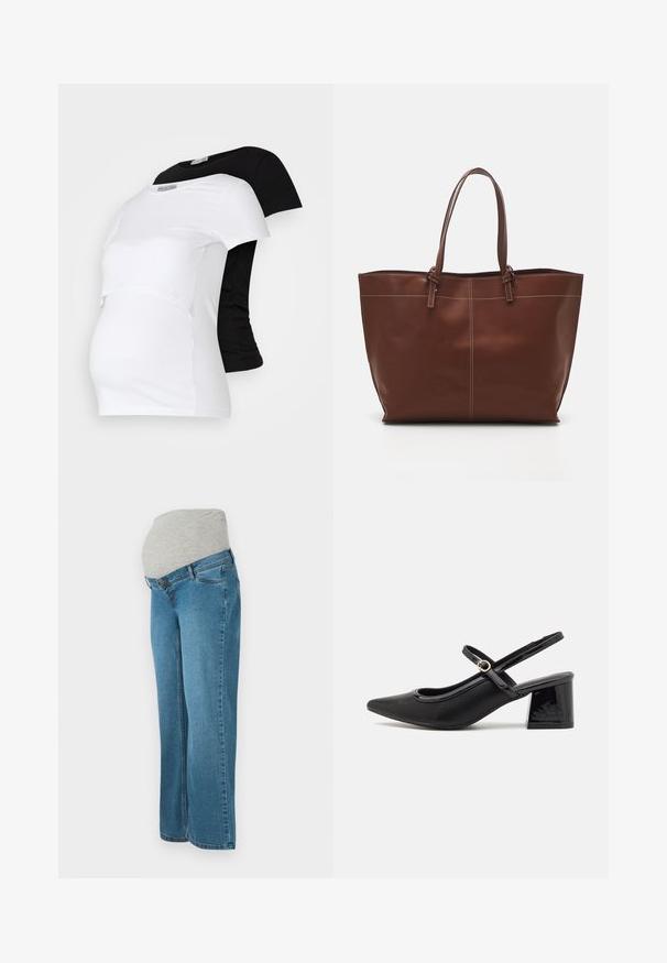 Crno-bijeli majice za trudnice, kratki rukavi, mekani pamučni materijal, s višeslojnim dizajnom koji ima naborani dio za rastući trbuh.; Trudnačkih traperica s plavim traper nogavicama i sivim elastičnim pojasom, osmišljenim da prilagodi trudnoći.; Crne lakirane slingback visoke potpetice s šiljastim vrhom, zaobljenim izrezom i blok potpeticom. Sadrži akcent zlatnog tona s kopčom.; Smeđi kožni torba s dvostrukim ručkama, s kontrastnim šavovima i prostranim dizajnom, pogodna za svakodnevnu upotrebu.