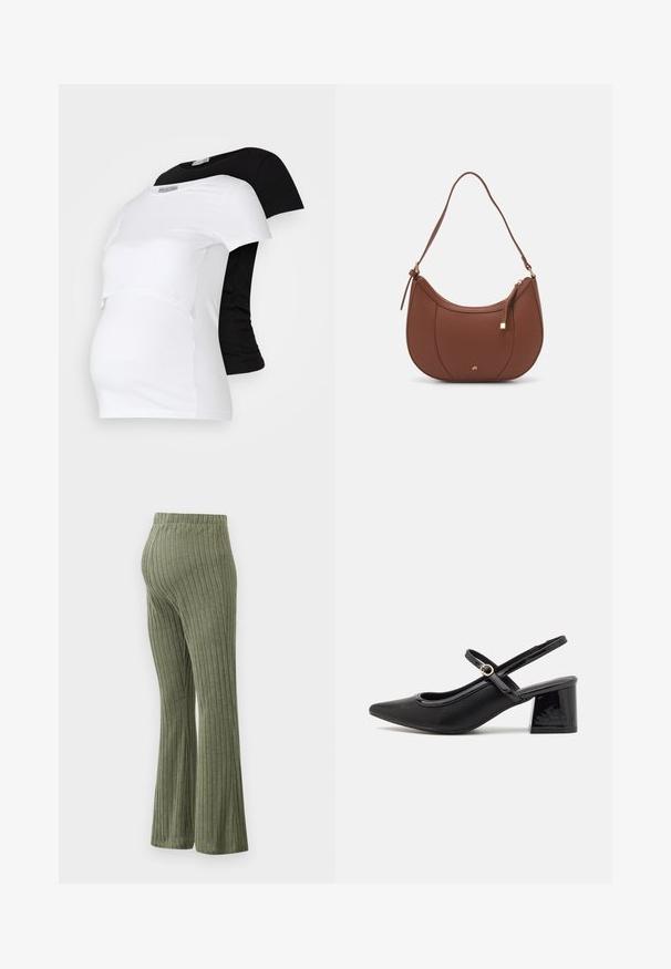 T-shirts de maternité noir et blanc, à manches courtes, en matériau en coton doux, présentant un design superposé avec une section froncée pour un ventre qui s'arrondit.; Pantalons évasés côtelés en tissu doux et texturé de couleur vert olive, avec une taille élastique et une coupe droite jusqu'à l'ourlet.; Escarpins slingback en cuir verni noir avec un embout pointu, un design à découpes arrondies et un talon carré. Présente un accent de boucle en ton doré.; Sac à épaule en faux cuir brun, de forme arrondie, avec des coutures minimales et un accent en matériel doré. Il possède une fermeture zippée sur le dessus et une sangle réglable.