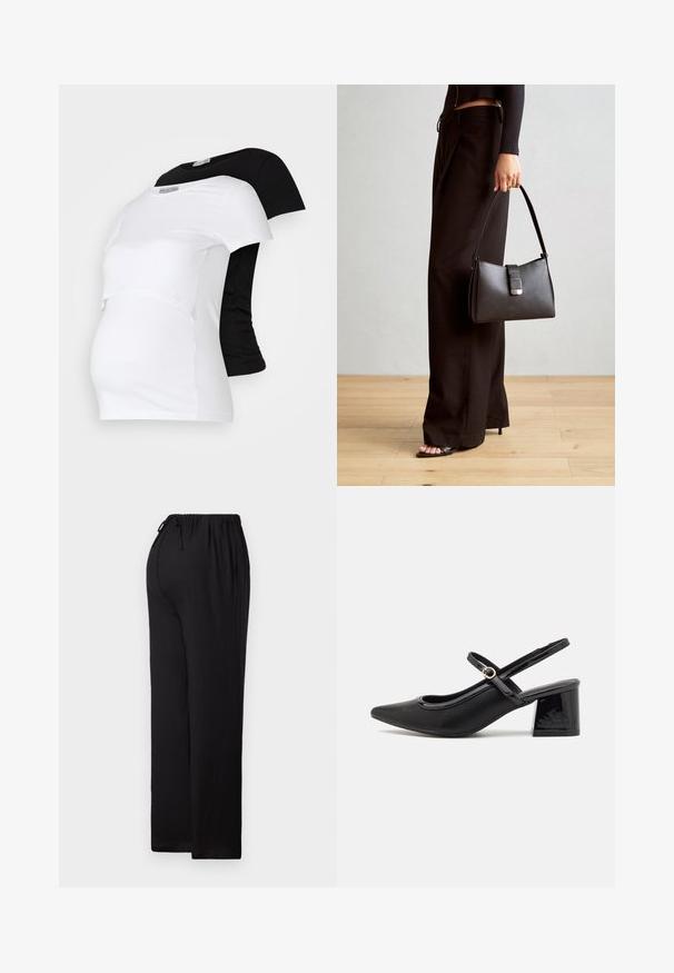 Čierne a biele tehotenské tričká s krátkym rukávom, vyrobené z mäkkej bavlny, s viacvrstvovým dizajnom a zhrnutou časťou pre rastúce brucho.; Čierne nohavice vo voľnom strihu vyrobené z ľahkej tkaniny. Majú elastický pás so sťahovacou šnúrkou, rovný strih nohavíc a plochý lem.; Čierne lakované kožené lodičky so slingback dizajnom, špicatou špičkou, zaobleným výrezom a blokovým podpätkom. Obsahuje akcent zlatého tónu s prackou.; Čierna kabelka so štruktúrovaným tvarom, hladkou textúrou a kovovou sponou. V kombinácii so širokými čiernymi nohavicami a sandálmi s otvorenou špičkou na drevenej podlahe.