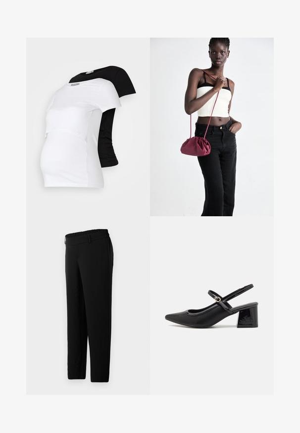 Black and white maternity t-shirts, short sleeves, soft cotton material, featuring a layered design with a gathered section for a growing belly.; Black trousers with a smooth, stretchy fabric. Features an elastic waistband and side pockets. Straight leg design for a relaxed fit.; Black patent leather slingback heels with a pointed toe, a rounded cutout design, and a block heel. Features a gold-tone buckle accent.; Burgundy soft fabric handbag with a gathered design and a long strap, worn crossbody. Model wears a white crop top and black jeans.