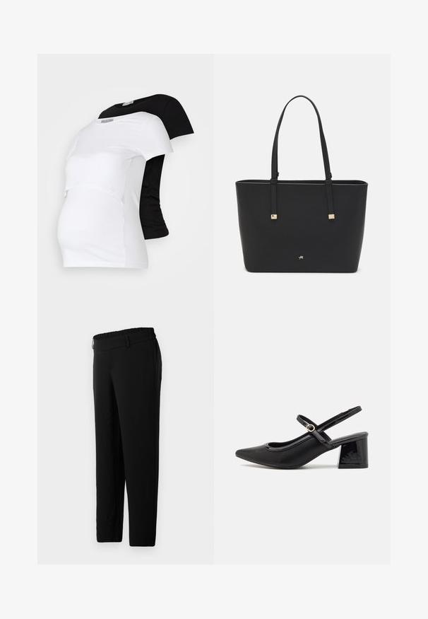 Juodos ir baltos nėštukių marškinėliai, trumpomis rankovėmis, pagaminti iš minkštos medvilnės medžiagos, su sluoksniuota dizaino struktūra ir surinkta dalimi, skirta augančiam pilvui.; Juodi kelnių su lygiu, elastingu audiniu. Pasirinkta elastinė juosmena ir šoninės kišenės. Tiesių kojų dizainas, užtikrinantis laisvą prigludimą.; Juodi patentinio odos slingback aukštakulniai su smailiu pirštu, apvaliu išpjovimu ir blokiniu kulnu. Papuošti auksiniu juostos akcentu.; Juodas sintetinio pluošto rankinis krepšys, turintis paprastą stačiakampį dizainą, auksines kvadratines detales ir dvi rankenas.