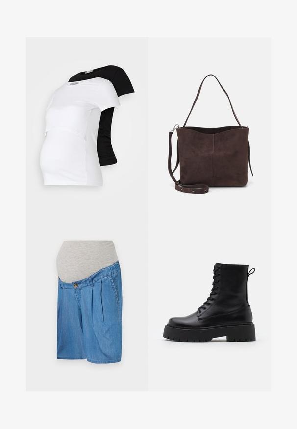 Melnas un baltas grūtniecības T-krekli, īsām piedurknēm, no mīkstas kokvilnas, ar slāņu dizainu, kas ietver savilkta sadaļu augošam vēderam.; Denim grūtniecības šorti ar pelēku elastīgu jostu, ar krokām un pogu aizdari, gaiši zila krāsā ar gludu tekstūru.; Melni ādas potītēm zābaki ar apļveida purngalu, auklām priekšpusē un biezu gumijas zoli ar teksturētu protektoru. Velkšanas cilpa aizmugurē.; Brūns zamšādas roku soma ar mīkstu tekstūru, aprīkota ar vienu plecu siksnu un nelielu izliekta augšējā atvēruma dizainu. Nav redzamu metāla detaļu.