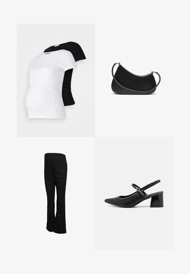 Tricouri de maternitate alb-negru, cu maneci scurte, din material moale de bumbac, cu un design stratificat și o secțiune adunată pentru burtica în creștere.; Pantaloni evazați negri, realizați dintr-un material texturat, cu talie înaltă și finisaj neted, având o croială dreaptă pe șolduri și coapse.; Cizme cu toc slingback din piele sintetică lacuită neagră, cu vârful ascuțit, un design cu decupaj rotunjit și toc bloc. Include un accent cu cataramă de culoare aurie.; Geantă de umăr din piele neagră cu un design curbat, având o curea texturată și accesorii aurii la închiderea de sus. Finish neted.