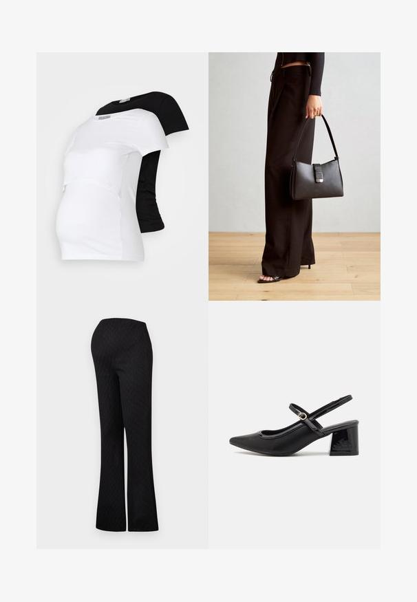 Crno-bijeli majice za trudnice, kratki rukavi, mekani pamučni materijal, s višeslojnim dizajnom koji ima naborani dio za rastući trbuh.; Crne širom nogavice hlače s elastičnom trakicom u struku, s blagim uzorkom dijamanta. Jednostavan dizajn, bez vidljivih dodataka.; Crne lakirane slingback visoke potpetice s šiljastim vrhom, zaobljenim izrezom i blok potpeticom. Sadrži akcent zlatnog tona s kopčom.; Crna torba s oblikom koji sadrži strukturu, glađu teksturu i metalnu kopču. Uparena s širokim crnim hlačama i sandalama na otvorenom s drvenog poda.