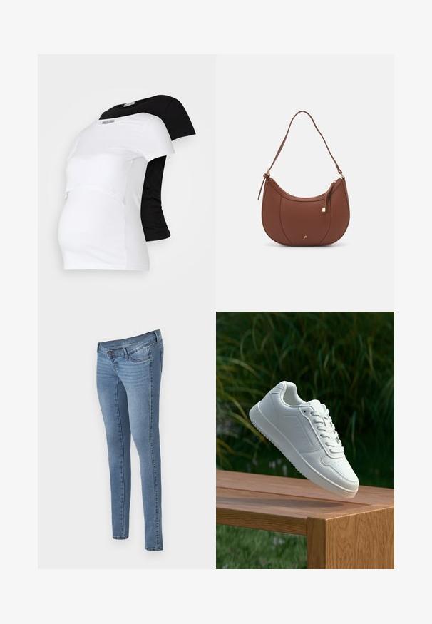 Melnas un baltas grūtniecības T-krekli, īsām piedurknēm, no mīkstas kokvilnas, ar slāņu dizainu, kas ietver savilkta sadaļu augošam vēderam.; MAMALICIOUS MLAUKIE - Ļoti pieguloši džinsi - medium blue denim; Baltie sporta apavi ar gludu sintētisku augšpusi, perforētu pirkstu daļu, plakani šņorēm un rakstainu zoli, novietoti uz koka virsmas.; Brūns mākslīgās ādas pleca soma ar izliekta forma, minimāls šuvums un zelta toņa aparatūras akcenti. Aprīkota ar augšējo rāvējslēdzēju un regulējamu siksnu.