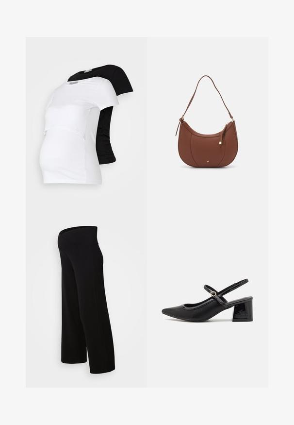 Zwart-witte zwangerschaps T-shirts, korte mouwen, gemaakt van zacht katoen, met een gelaagd ontwerp en een geraffineerd gedeelte voor een groeiende buik.; Zwarte zwangerschapsbroek met wijd uitlopende pijpen en een hoge tailleband, vervaardigd uit zachte, rekbare stof. Kenmerkend zijn de relaxte pasvorm en de gladde textuur.; Zwarte gepolijste leren slingback hakken met een spitse neus, een ronde uitsnede en een blokhak. Voorzien van een gouden gespaccent.; Bruine faux leren schoudertas met een gebogen vorm, minimale stiksels en een gouden hardware-accent. Voorzien van een bovenste ritsluiting en een verstelbare schouderband.