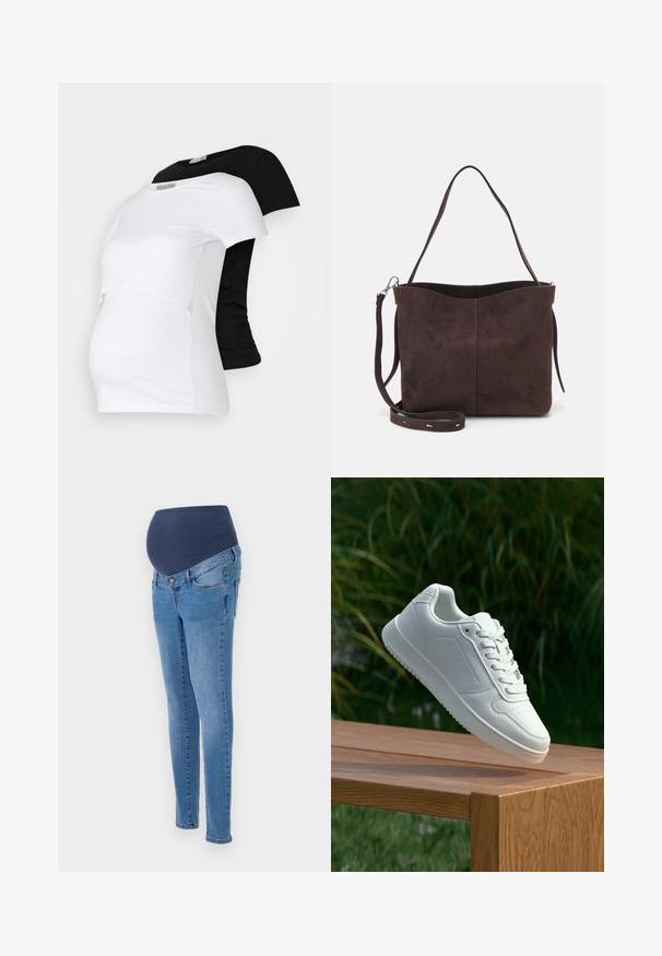 Musta ja valkoinen äitiys T-paidat, lyhyet hihat, pehmeää puuvillamateriaalia, joissa on kerroksellinen muotoilu ja rypistetty osa kasvavalle vatsalle.; Äitiysfarkut, joissa on sininen elastinen vyötärö ja kapeat lahkeet, valmistettu vaaleansinisestä denimistä, jossa on hienovaraisia haalistumia ja tavalliset takataskut.; Valkoiset tennarit, joissa on sileä synteettinen päällinen, rei'itetty varvasosa, litteät nauhat ja teksturoitu pohja, esillä puupinnalla.; Ruskea mokkanahkainen kassi, jonka pinta on pehmeä. Kassissa on yksi olkahihna ja hienovarainen, kaareva yläaukeama. Ei näkyviä metalliosia.