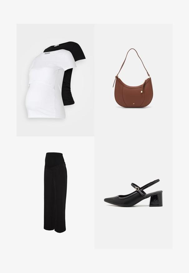 Schwarze und weiße Umstandst-Shirts mit kurzen Ärmeln aus weichem Baumwollmaterial, die ein schichtetes Design mit einem gerafften Abschnitt für einen wachsenden Bauch aufweisen.; Schwarze Hosen mit weitem Bein und einem hohen, elastischen Bund, gefertigt aus weichem Stoff. Verfügen über eine glatte Textur und saubere, maßgeschneiderte Nähte.; Schwarze Lackleder-Slingback-Absätze mit spitzer Zehenform, einem runden Ausschnitt-Design und einem Blockabsatz. Mit einem goldfarbenen Schnallenakzent.; Braune Kunstleder-Schultertasche mit geschwungener Form, minimaler Naht und goldfarbener Hardware-Akzent. Verfügt über einen oberen Reißverschluss und einen verstellbaren Trageriemen.