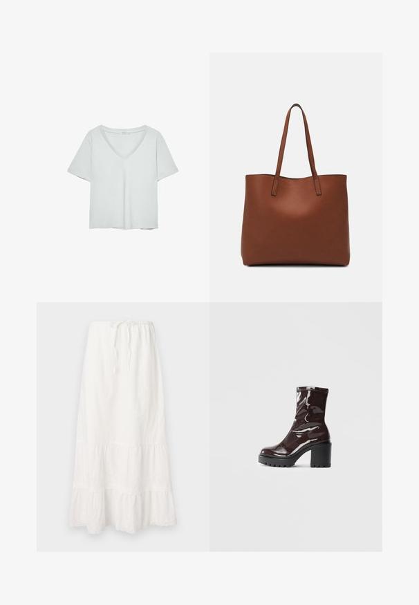 Light gray short-sleeve T-shirt with a V-neckline, made from soft material; features a relaxed fit and clean stitching with no patterns.; Long white cotton skirt with an elastic waistband and adjustable drawstring. Features tiered layers with delicate lace trim at the hem.; Glossy burgundy ankle boot with a chunky black heel, featuring a smooth texture and simple design. No visible fastenings or patterns.; Brown leather tote bag with a smooth texture, open top design, and two shoulder straps. Features minimal stitching and no visible hardware.