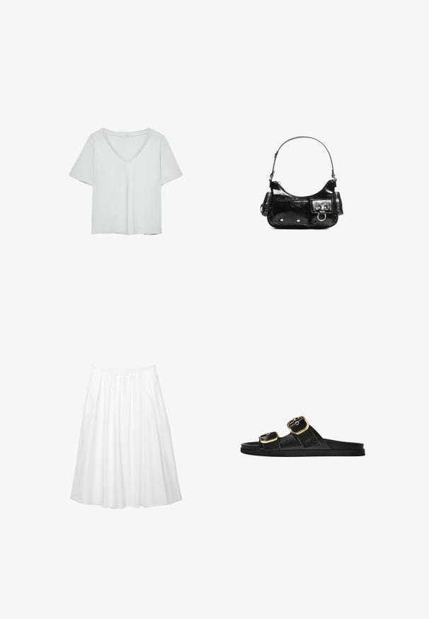 Lys grå kortærmet T-shirt med V-hals, lavet af blødt materiale; den har en afslappet pasform og ren syning uden mønstre.; Hvid, knælang nederdel med en samlet design. Har en elastisk talje for nem påtagning. Lavet af let bomuldsstof.; Sort skridsandal med to guldspænder, glat tekstureret materiale, flad sål og et minimalistisk design.; Sort patenteret læder håndtaske med en buet form, en skulderrem, frontlommer og hardware accenter i sølvfarve.