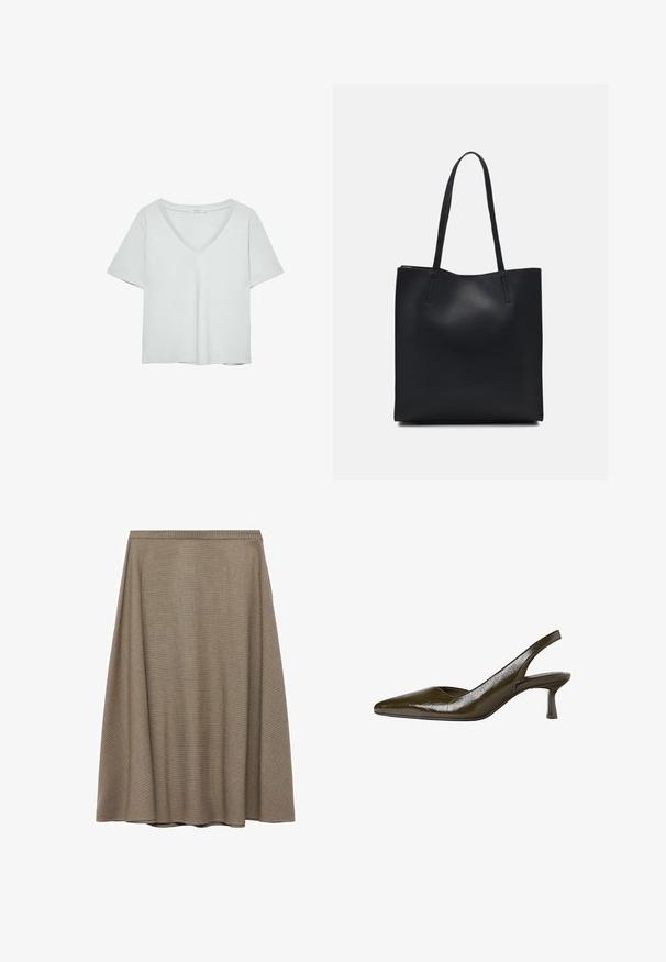 Hellgraues T-Shirt mit kurzen Ärmeln und V-Ausschnitt, aus weichem Material gefertigt; verfügt über eine lockere Passform und saubere Nähte ohne Muster.; Ein knielanger, A-Linien-Rock aus strukturiertem braunem Stoff mit einem dezenten Karomuster, der über einen glatten Bund und eine drapierte Silhouette verfügt.; Olivgrüner Slingback-Pump mit spitzer Zehenform und niedrigem, schlankem Absatz. Glänzende Textur mit leicht gewelltem Finish.; Schwarze Laptoptasche aus Leder mit glatter Textur, rechteckiger Form und zwei langen Griffen. Keine sichtbaren Beschläge oder Verzierungen.