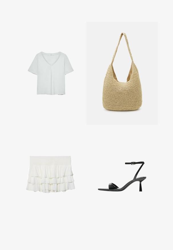 T-shirt gris clair à manches courtes avec un décolleté en V, fabriqué en matériau doux ; présente une coupe décontractée et des coutures nettes sans motifs.; Jupe blanche à volants superposés avec une taille smockée, présentant un tissu léger et texturé ainsi qu'une coupe évasée.; Bershka Sandales à talons hauts - black; Sac en paille tissé de couleur beige clair, doté d'une bandoulière incurvée et d'un design spacieux sans fermeture avec une surface texturée.