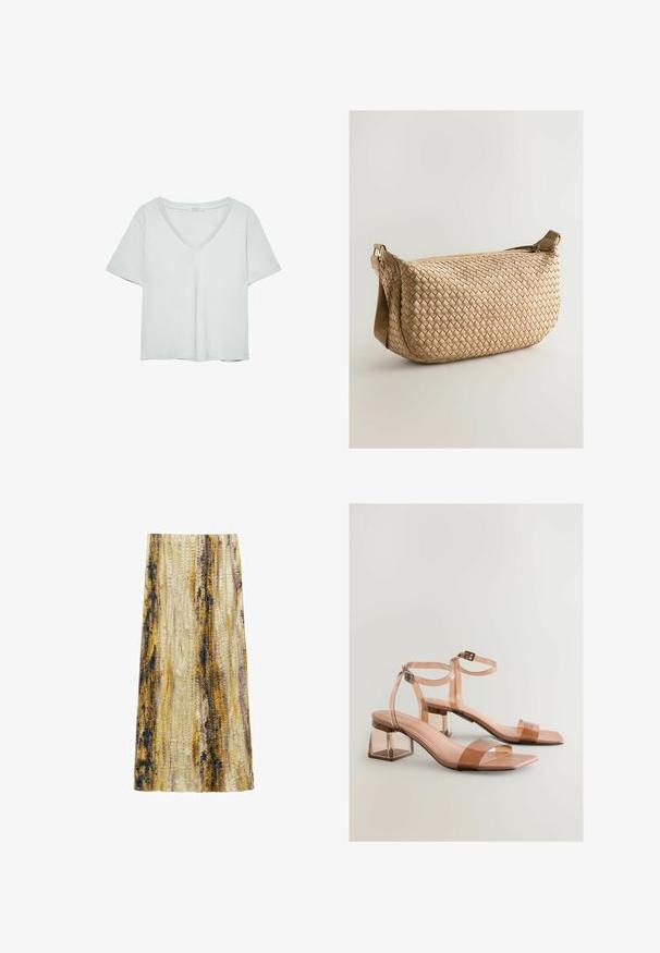 Lichtgrijze T-shirt met korte mouwen en V-hals, gemaakt van zacht materiaal; heeft een relaxte pasvorm en nette stiksels zonder patronen.; Aangesneden midi rok van gestructureerde stof met golvende patronen in geel, paars en blauw, met een natuurlijke val.; Transparante block-heeled sandalen met naakte bandjes, vierkante neuzen en verstelbare enkelsluitingen; gladde textuur en glanzende afwerking.; Geweven beige tas met een gebogen vorm, voorzien van een ritsluiting, verstelbare schouderband en een gestructureerd oppervlak met een vlechtpatroon.