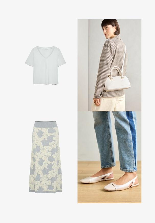 Svetle šedé tričko s krátkým rukávem a výstřihem do V, vyrobené z jemného materiálu; má volný střih a čisté švy bez vzorů.; Šedá pletená sukně s texturovaným krémovým květinovým vzorem, vybavená pružným pasem a splývavým áčkovým střihem.; Světle růžové slingback baleríny s špičatou špičkou, vyrobené z hladkého koženému materiálu. Obsahují vystřihovací detaily po stranách a plochý podpatek.; Bílá strukturovaná kabelka s krátkými uchy a ramenním popruhem, zdobená zlatými kovovými prvky a texturovaným materiálem, vystavená na šedém pozadí.