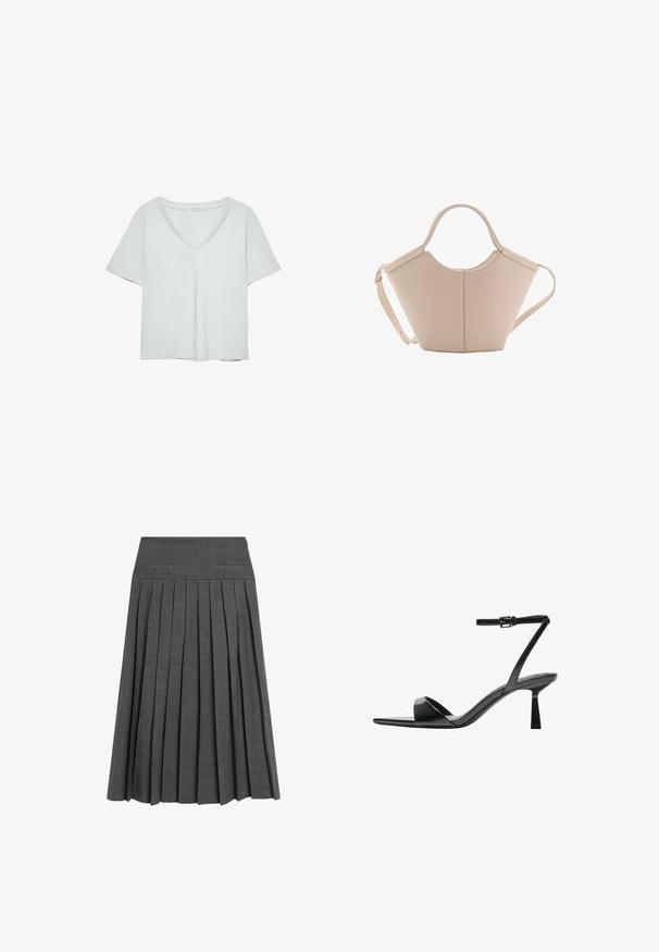 T-shirt gris clair à manches courtes avec un décolleté en V, fabriqué en matériau doux ; présente une coupe décontractée et des coutures nettes sans motifs.; Jupe plissée grise avec une taille plate et un motif texturé subtil. Présente des plis nets, régulièrement espacés, pour un aspect structuré.; Bershka Sandales à talons hauts - black; Sac à main en cuir beige avec une forme unique, doté de deux poignées courtes et d'une longue sangle réglable. Texture lisse avec un minimum de matériel.