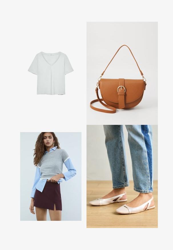Light gray short-sleeve T-shirt with a V-neckline, made from soft material; features a relaxed fit and clean stitching with no patterns.; Young woman with long wavy hair wearing star earrings, a blue striped shirt with a gray short sleeve sweater, and a maroon skirt with a front slit.; Pale pink slingback flats with a pointed toe, made from a smooth leather-like material. Features cut-out details at the sides and a flat heel.; Brown leather crossbody bag with a curved shape, gold hardware, and a buckle accent. Features a detachable shoulder strap.