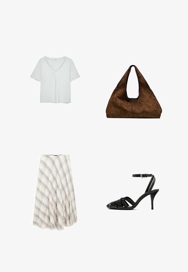 Light gray short-sleeve T-shirt with a V-neckline, made from soft material; features a relaxed fit and clean stitching with no patterns.; Plaid skirt in light beige and brown, featuring a flared design with texture. Material is lightweight and woven, with an elastic waistband.; Black leather high-heeled sandal with an ankle strap, featuring woven straps across the toe, a smooth finish, and a pointed toe shape.; Brown suede shoulder bag with an open top. Features a deep, wide body, cut-out handle, and minimal stitching for a clean design.