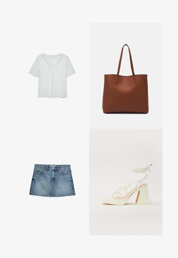Hellgraues T-Shirt mit kurzen Ärmeln und V-Ausschnitt, aus weichem Material gefertigt; verfügt über eine lockere Passform und saubere Nähte ohne Muster.; Jeansrock in Hellblau, mit fünf Taschen, Knopfverschluss und leicht ausgestellt geschnittenem Saum, mit einer abgetragenen Textur und verblassten Details.; Weiße High-Heel-Sandale mit einem klobigen Absatz, die über ein Riemchendesign und ein Knöchelband verfügt. Glatte Textur mit einer Plattform vorne für zusätzliche Höhe.; Braune Leder-Tote mit glatter Textur, offenem Oberteil und zwei Schulterriemen. Verfügt über minimale Nähte und keine sichtbaren Beschläge.