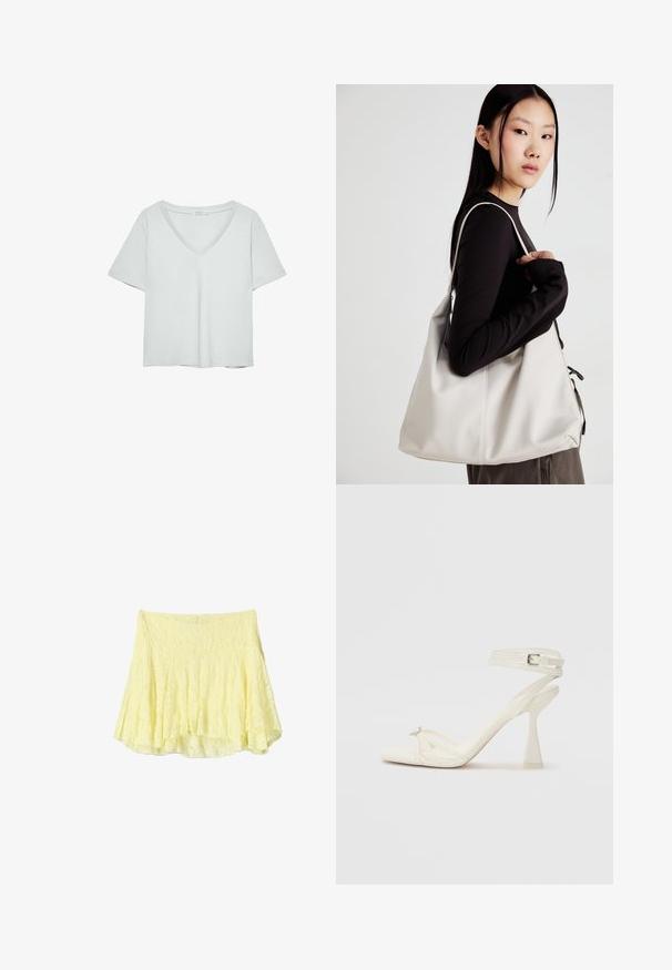Vaaleanharmaa lyhythihainen T-paita, jossa on V-pääntie, valmistettu pehmeästä materiaalista; sisältää rentoa istuvuutta ja siistiä viimeistelyä ilman kuvioita.; Keltainen levenevä hame, joka on valmistettu teksturoidusta kankaasta ja jossa on kerroksellinen muotoilu, hieman epätasainen helma. Kevyt ja ilmava ilme.; Valkoinen nahkainen strappisaapas, jossa on virtaviivainen muotoilu, läpinäkyvä lohko-osa ja koristeellinen elementti varpaassa.; Beige laukku, joka on valmistettu pehmeästä materiaalista, ja siinä on rento muotoilu, ommeltu yksityiskohtia ja kaksi olkahihnaa. Sopii päivittäiseen käyttöön.