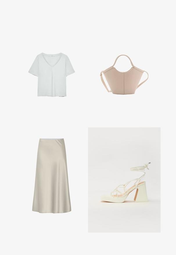 Jasnoszary T-shirt z krótkim rękawem i dekoltem w serek, wykonany z miękkiego materiału; charakteryzuje się luźnym krojem i starannym wykończeniem bez wzorów.; Spódnica do kolan w fasonie A, uszyta z miękkiego beżowego materiału, charakteryzująca się gładką fakturą oraz prostym, nieozdobnym krojem, z elastyczną talią.; Biała sandał na wysokim obcasie z masywnym słupkiem, z paskowym wzorem i wiązaniem przy kostce. Gładka faktura z platformą z przodu dla dodatkowej wysokości.; Beżowa skórzana torebka o unikalnym kształcie, z dwoma krótkimi uchwytami i długim, regulowanym paskiem. Gładka tekstura z minimalną ilością elementów metalowych.