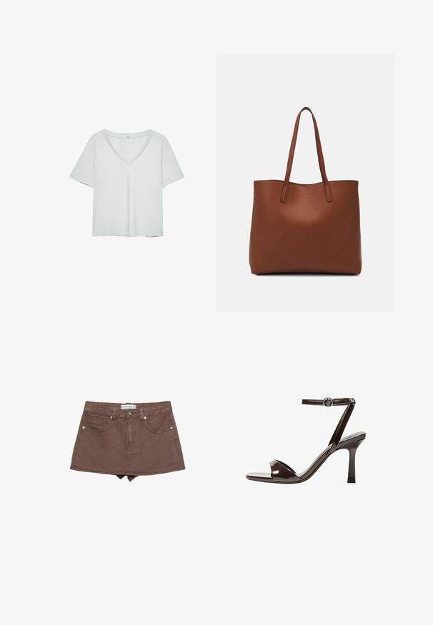 Svetle šedé tričko s krátkým rukávem a výstřihem do V, vyrobené z jemného materiálu; má volný střih a čisté švy bez vzorů.; Hnědá denimi mini sukně s těsným pasem, pěti kapsami, předním zapínáním na knoflík a lemem těsně nad středem stehna.; Hnědé lakované kožené sandály na vysokém podpatku s páskem kolem kotníku, otevřenou špičkou a elegantním, minimalistickým designem. Obsahují čtvercový podpatek.; Hnědá kožená taška přes rameno s hladkou texturou, otevřeným designem a dvěma ramenními popruhy. Obsahuje minimální švy a žádné viditelné kovové prvky.
