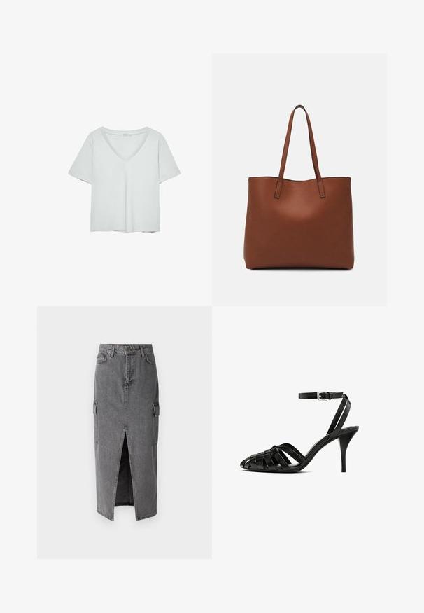Svetle šedé tričko s krátkým rukávem a výstřihem do V, vyrobené z jemného materiálu; má volný střih a čisté švy bez vzorů.; Šedá džínová midi sukně s rovnou siluetou, dvěma bočními kapsami a předním rozparkem pro snadný pohyb. Klasická džínová textura.; Černé kožené sandály na vysokém podpatku s řemínkem kolem kotníku, s pletenými pásky přes prsty, hladkým povrchem a špičatým tvarem špice.; Hnědá kožená taška přes rameno s hladkou texturou, otevřeným designem a dvěma ramenními popruhy. Obsahuje minimální švy a žádné viditelné kovové prvky.