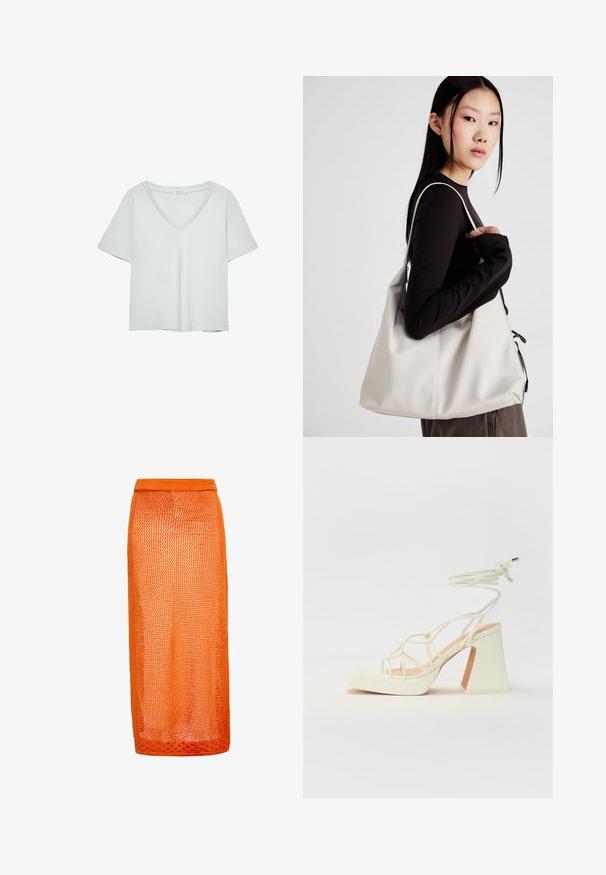 T-shirt grigio chiaro a maniche corte con scollatura a V, realizzato in materiale morbido; presenta una vestibilità rilassata e cuciture pulite senza motivi.; Gonna midi arancione lavorata a maglia con design a rete. Presenta una vita aderente e un finish leggero e texturizzato.; Sandalo bianco con tacco alto, caratterizzato da un design a cinturini e un legaccio alla caviglia. Texture liscia con una piattaforma frontale per un'altezza aggiuntiva.; Borsa a mano beige realizzata in materiale morbido, caratterizzata da un design morbido, dettagli cuciti e due manici. Adatta per l'uso quotidiano.