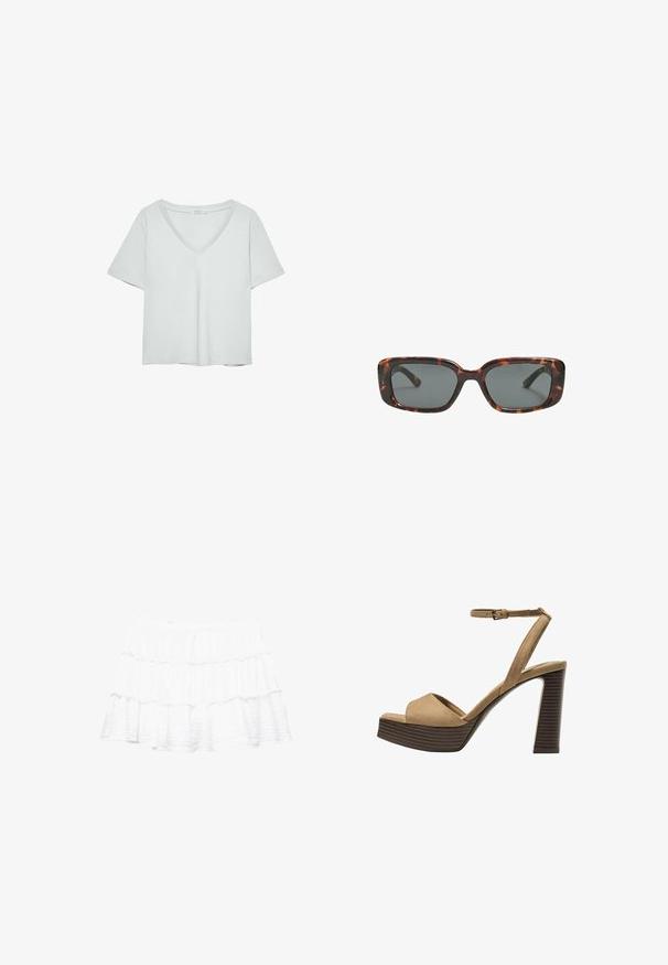 Jasnoszary T-shirt z krótkim rękawem i dekoltem w serek, wykonany z miękkiego materiału; charakteryzuje się luźnym krojem i starannym wykończeniem bez wzorów.; Biała spódnica warstwowa z lekkiej, teksturowanej tkaniny. Ma trzy falbany i elastyczny pas.; Beżowe zamszowe sandały na wysokim obcasie z szerokim paskiem z przodu i paskiem za kostkę, z masywnym drewnianym obcasem o teksturowanym wykończeniu.; Okulary przeciwsłoneczne w kratkę w kształcie prostokątnym, z grubymi oprawkami i ciemnymi szkłami. Gładka faktura i minimalistyczny design.; Beżowa skórzana torebka o unikalnym kształcie, z dwoma krótkimi uchwytami i długim, regulowanym paskiem. Gładka tekstura z minimalną ilością elementów metalowych.