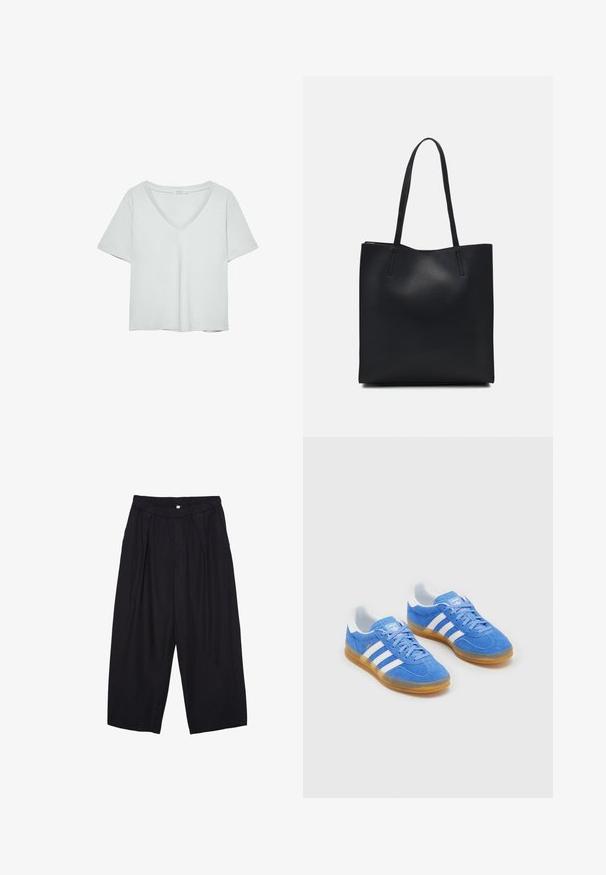 Ljust grå kortärmad T-shirt med V-ringning, tillverkad av mjukt material; har en avslappnad passform och rena sömmar utan mönster.; Svarta polyester culottbyxor med elastisk midja, två framfickor och en lös silhuett. Inga synliga mönster eller hårdvarudetaljer.; Blå mockaskor med vita randiga detaljer, gummisula och vadderad krage för komfort. Har en klassisk snörningsdesign.; Svart lädertoffelväska med slät textur, rektangulär form och två långa handtag. Ingen synlig hårdvara eller dekorationer.