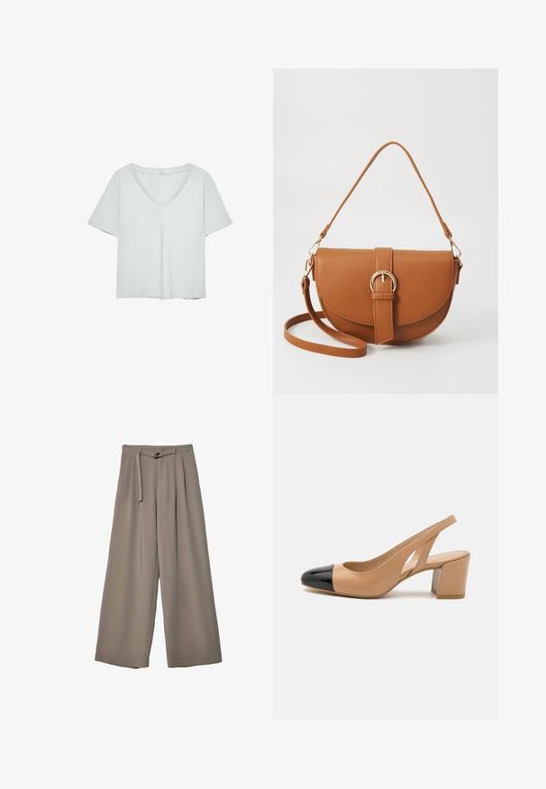 Jasnoszary T-shirt z krótkim rękawem i dekoltem w serek, wykonany z miękkiego materiału; charakteryzuje się luźnym krojem i starannym wykończeniem bez wzorów.; Spodnie o szerokich nogawkach w miękkim, stonowanym szarym materiale, z paskiem w talii i plisami dla dodania detali projektowych. Gładka tekstura, bez wzorów.; Beżowe skórzane sandały na obcasie z czarnym lakierowanym noskiem, kwadratowym obcasem, wyciętymi bokami i teksturowaną podeszwą.; Brązowa skórzana torba na ramię o zaokrąglonym kształcie, ze złotymi akcentami i zapięciem w formie klamry. Posiada odpinany pasek na ramię.