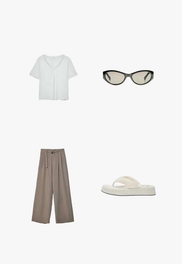 Svetlo siva kratkolasna majica s V-izrezom, napravljena od mekog materijala; ima ležeran kroj i čiste šavove bez uzoraka.; Široke hlače iz mehke, umirjene sive tkanine, z pasom, ki ga je mogoče zavezati, in z gubami za dodatne oblikovne podrobnosti. Gladka tekstura, brez vzorcev.; Bež papuče s teksturiranim gornjim dijelom, s dva remena i ravnim, podstavljenim đonom s crnim potplatom. Jednostavan, minimalistički dizajn.; Črne mačje očala z sivimi lečami. Plastičen okvir ima ostre robove in gladko, sijočo površino.