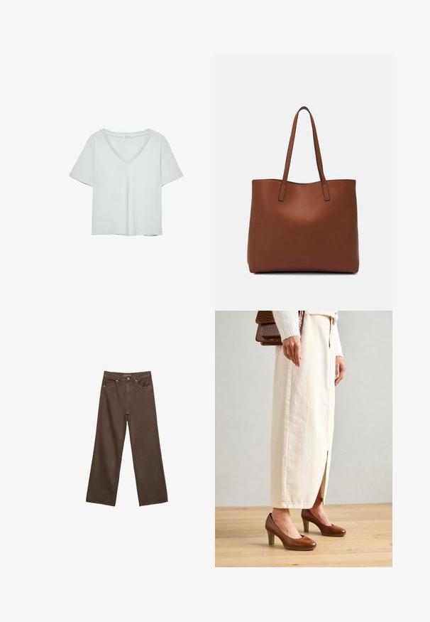 Light gray short-sleeve T-shirt with a V-neckline, made from soft material; features a relaxed fit and clean stitching with no patterns.; Wide-leg brown jeans made of denim, featuring a high waist, front pockets, and a classic button closure. Smooth texture with subtle stitching.; Brown heeled shoes with a rounded toe, paired with a cream-colored long skirt displaying a front slit, and a textured brown handbag.; Brown leather tote bag with a smooth texture, open top design, and two shoulder straps. Features minimal stitching and no visible hardware.
