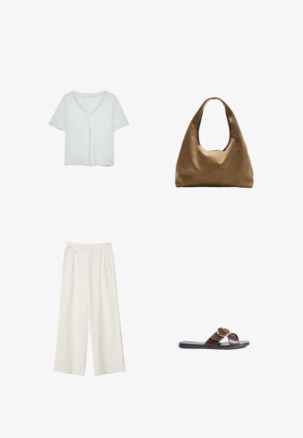 Lys grå kortærmet T-shirt med V-hals, lavet af blødt materiale; den har en afslappet pasform og ren syning uden mønstre.; Vide ben bukser i off-white stof med en glat tekstur. Har en bundet talje og plisseret front, designet til en afslappet pasform.; Brune læder slide sandal med krydsede stropper, der har en cirkulær guld spænde detalje og en flad, sort gummisål.; Brun stof skuldertaske med en bred, rundet krop og et stort udsnit håndtag. Blød tekstur, minimalistisk design og ingen synlig hardware.