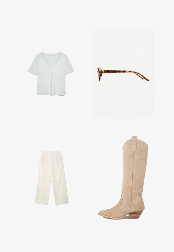 Hellgraues T-Shirt mit kurzen Ärmeln und V-Ausschnitt, aus weichem Material gefertigt; verfügt über eine lockere Passform und saubere Nähte ohne Muster.; Helle Stoffhose mit weitem Bein und glatter Textur, ausgestattet mit einem einzelnen Knopf vorne, dezenten Falten und einem Hochbund-Design.; Beige Wildledercowboystiefel mit spitzer Zehe, dekorativem Stich und einem gestapelten Holzabsatz. Höhe erreicht die Mitte der Wade.; Schildpatt-Sonnenbrille mit dickem Rahmen, leicht gebogenen Bügeln und glatter Textur. Sie präsentiert ein klassisches Design mit glänzender Oberfläche.; Weiße Lederhandtasche mit strukturiertem Design, ausgestattet mit einem oberen Griff und einem goldfarbenen Verschluss. Glatte Textur und minimalistische Akzente.